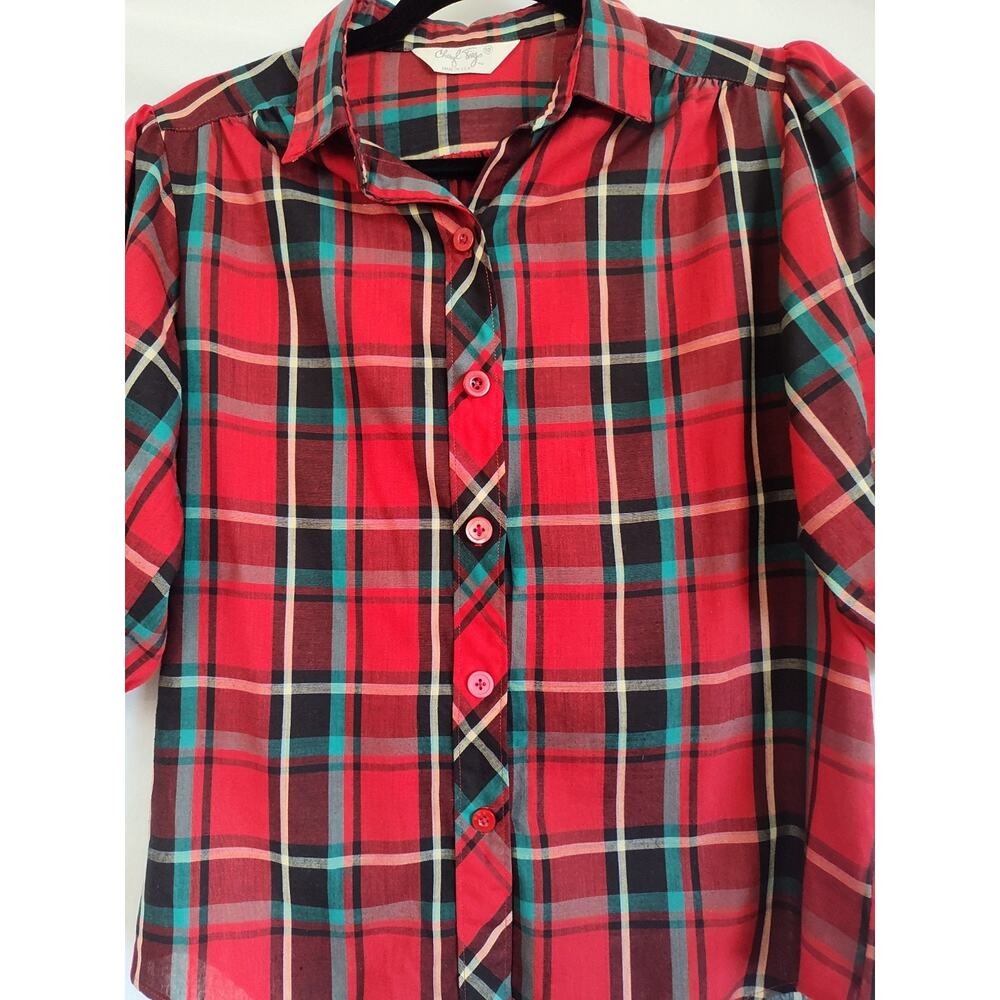 Cheryl Tiegs Women's Size 10 Plaid Collared Button-Up Shirt Red Green Black 3/4 - Picture 2 of 10